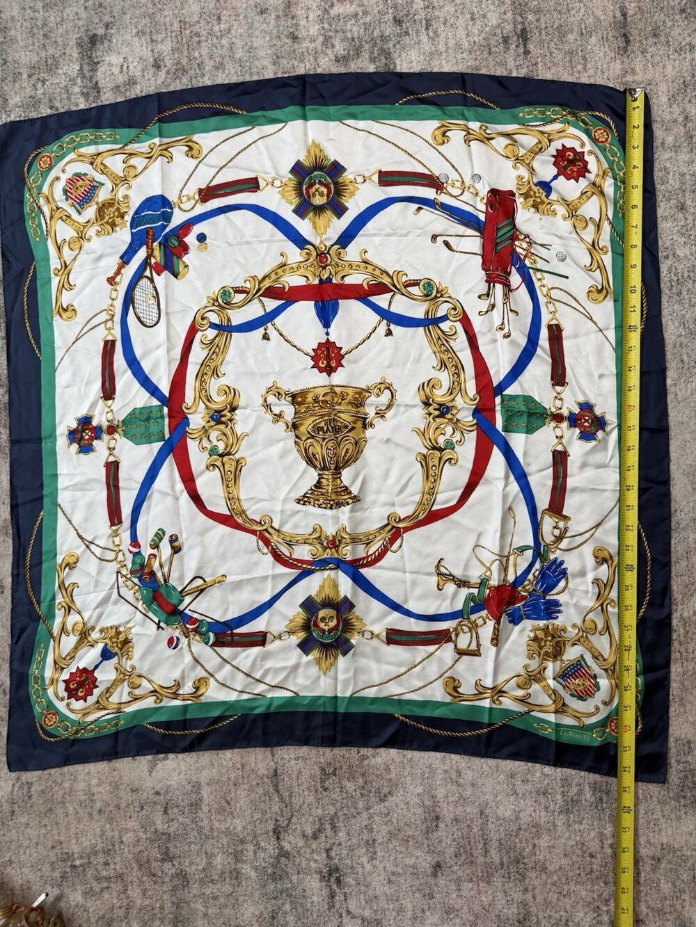 Vtg Talbots 100% Silk Scarf Ornate Equestrian Tennis Golf Trophies Crest 34" Sq